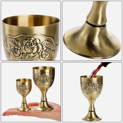 Vista 4 de DEAYOU Paquete de 2 mini copas de cáliz vintage, copa de comunión dorada en relieve de flores, apta para alimentos, resistente copa de vino de latón