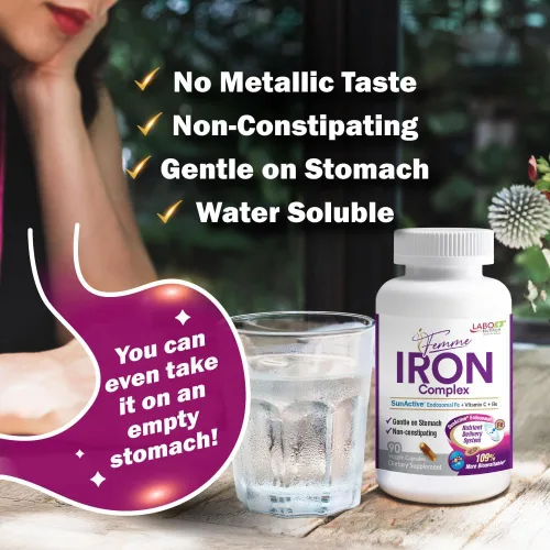Vista 2 de LABO Nutrition Femme Iron Endosomal SunActive, suplemento de hierro no irritante de 15 mg para constructor de sangre, vegano, suave, sin regusto