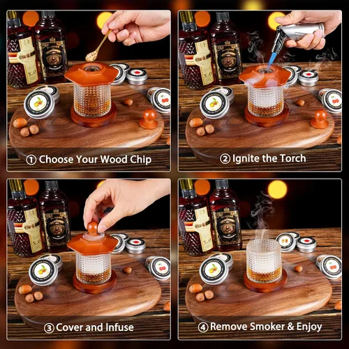 Vista 4 de Kit de ahumador de whisky con antorcha - chips de madera de 6 sabores, 2 vasos de whisky giratorios, 2 moldes de bolas de hielo - kit infusor