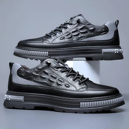 Vista 3 de Zapatos de piel de vaca impermeables con patrón de cocodrilo para hombre, levantamiento de altura, antideslizante, casual, suela suave, Oxford