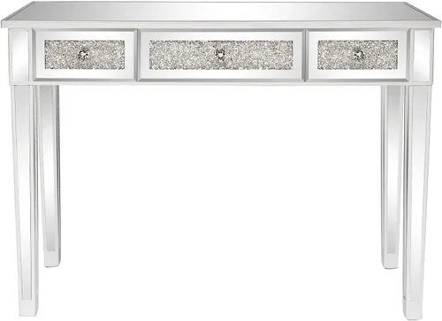 Vista 8 de Mesa de tocador plateada con 3 cajones, acabado de cajón de diamante brillante, mesa auxiliar de espejo para pasillo, sala de estar, tocador