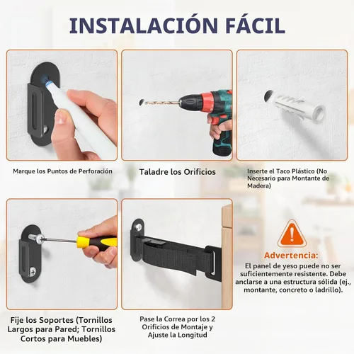 Vista 7 de Anclajes antipunta para muebles (2 juegos), anclaje de pared resistente para muebles, anclajes de pared a prueba de terremotos para seguridad