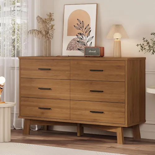 Vista 8 de Xixini Cómoda para dormitorio, cómoda moderna de 6 cajones con base resistente en forma de X, organizador de almacenamiento de ropa doble de madera