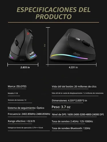 Vista 12 de TKMARS Ratón vertical ergonómico inalámbrico para juegos con joystick, Bluetooth y 2.4G, 12 botones programables, 24000 DPI ajustable, mouse RGB