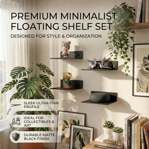 Vista 4 de Z metnal Estantes flotantes pequeños, mini estante de metal para pared, aluminio, montado en la pared y sin taladro, negro, 4.7 pulgadas, paquete