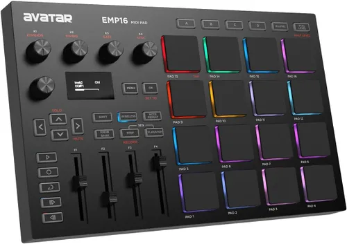 Vista 7 de Controlador de teclado MIDI Bluetooth portátil HXW, con 25 teclas, 9 almohadillas de ritmo retroiluminadas, pantalla OLED, 8 perillas, software