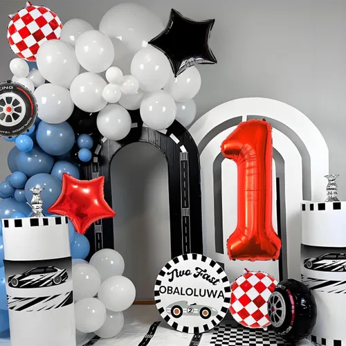 Vista 5 de Globos de auto de carreras para decoración de cumpleaños – Globos rojos de Mylar número 1 de 40 pulgadas – Globos rojos de aluminio rojo