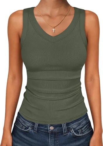 Vista 13 de ANRABESS Camisetas sin mangas para mujer, cuello en V, punto acanalado, ajustadas, sin mangas, básicas, ropa casual de verano 2026 Negro