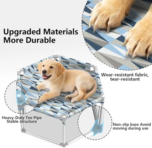 Vista 5 de Cama elevada para perros con barandilla completa, sofá cama elevada para perros, cama hexagonal para cachorros, cuna refrescante para mascotas al