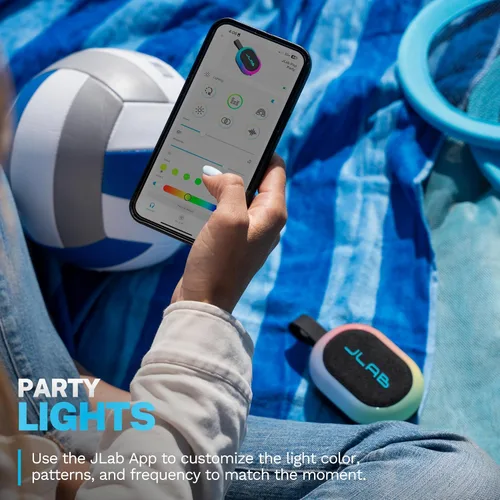 Vista 3 de JLab, Partido pop, altavoz Bluetooth portátil, impermeable IP55, LED RGB personalizable, negro