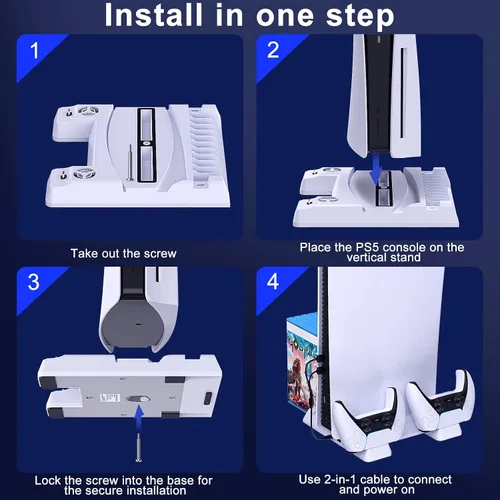 Vista 5 de PS5 Horizontal Stand Compatible with PS5 Disc & Digital Editions, PS5 Stand with Cooling Fan and Controller Charger, PS5 Cooling Station for PS5