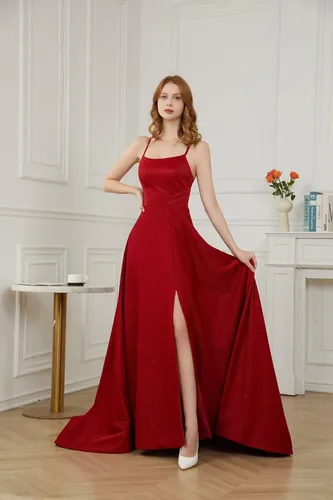 Vista 2 de yinyyinhs Vestidos de fiesta de satén con purpurina para mujer, con tirantes delgados, abertura, vestidos formales de noche con bolsillos