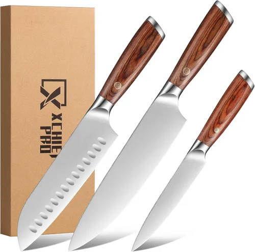 Vista 8 de Juego de cuchillos de cocina, 3 piezas japoneses de acero inoxidable de alto carbono, cuchillos de cocina de chef profesional ultra afilados Santoku