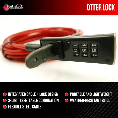 Vista 2 de Candado de combinación integrado con cable de acero trenzado DoubleLock Otter – Cable de acero resistente a la intemperie de 3.05m, candado