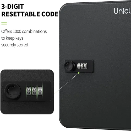 Vista 3 de Uniclife Gabinete de llaves de acero de 48 llaves con cerradura de combinación, organizador de llaves montado en la pared con código reiniciable