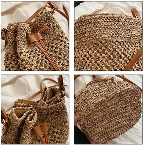 Vista 3 de Bolso pequeño de paja con cordón para mujer, bolso de hombro hueco para verano, playa