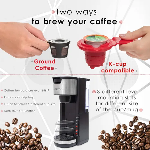 Vista 7 de Mixpresso - Cafetera negra para una porción, compatible con cápsulas K-Cup y café molido, cafetera compacta de 30 oz con 5 tamaños de preparación