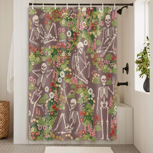 Vista 7 de Divertida cortina de ducha de esqueleto de calavera rosa, para Halloween, gótica, rosa, rojo, rosa, floral, vino tinto, terror, terror, cortina