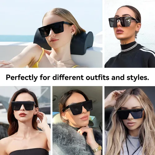 Vista 3 de Dollger - Lentes de sol cuadrados extragrandes para mujer y hombre, de moda, armazón negro con parte superior plana