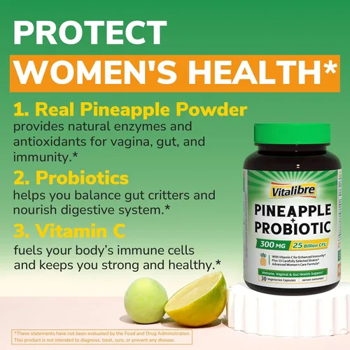Vista 6 de Vitalibre Piña + probiótico, 300 mg, 25 mil millones de UFC, 13 cepas, vitamina C natural, potentes antioxidantes, para inmunidad, vaginal, salud