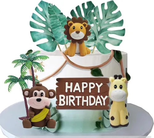 Vista 5 de Jungle Safari Animal Cake Topper con león jirafa mono hojas tropicales árbol de coco para cumpleaños