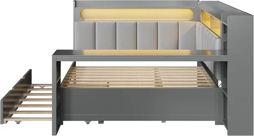 Vista 7 de SOFTSEA Sofá cama esquinera de tamaño completo con escritorio, nido y Gris Beige