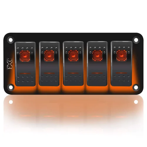 Vista 21 de FXC Interruptor basculante Panel de aluminio 2 Gang Interruptores de palanca Dash 5 Pin ON/OFF 2 LED retroiluminado para barco coche azul marino