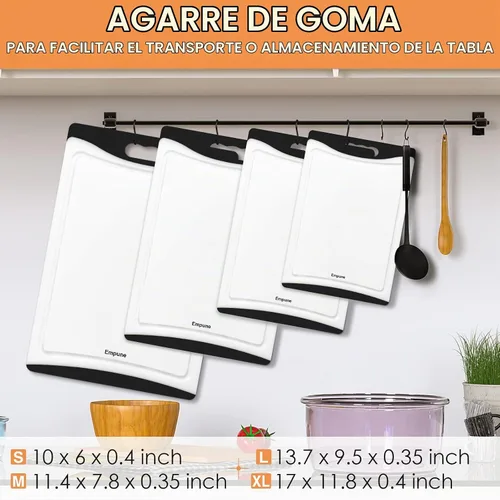 Vista 3 de Tablas de cortar extra grandes, de plástico para cocina (juego de 4) Tabla de cortar para lavavajillas con ranuras para jugos, asas de fácil agarre