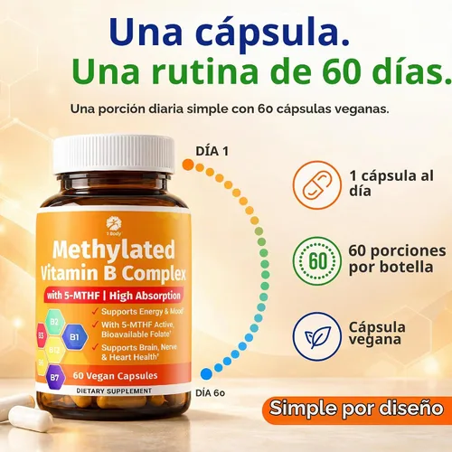 Vista 5 de 1 Body Complejo de vitamina B metilada, 5-MTHF y metil B12, 60 cápsulas