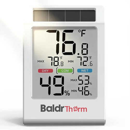 Vista 10 de BALDR Solar Indoor Thermometer Hygrometer, Max/Min, Comfort Meter（Black）