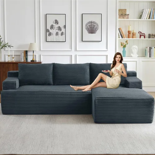 Vista 45 de Sofá modular de 96 pulgadas en forma de L, sofá modular de 3 asientos, sofá modular de pana de espuma viscoelástica sin hueso para sala de estar