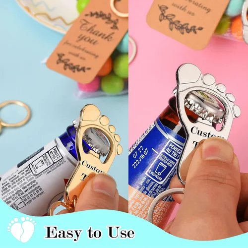 Vista 4 de 50 piezas personalizadas para baby shower, abrebotellas, llaveros de huellas, recuerdos de baby shower, regalos de devolución para invitados, vienen