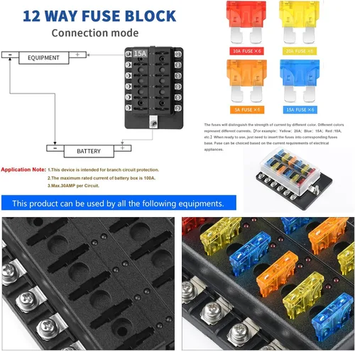 Vista 3 de Cuchilla de caja de fusibles de 12 vías de 12 V, caja de fusibles de 12 V con indicador LED, cubierta de humedad y polvo, soporte de caja