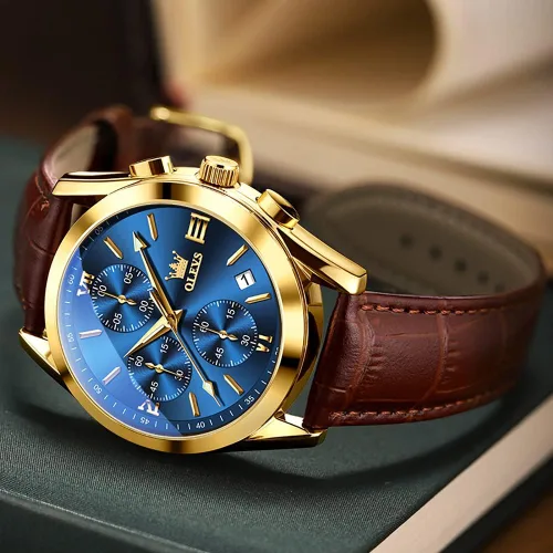 Vista 3 de OLEVS Watch Men Leather Chronograph Waterproof Luxury Dress Analog Quartz Azul