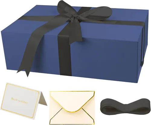 Vista 15 de YINUOYOUJIA Cajas de regalo grandes negras con tapa, caja de regalo magnética de 14 x 9 x 4.5 pulgadas con cinta, tarjetas y sobres para regalos