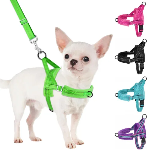 Vista 13 de SlowTon - Juego de arnés y correa para perros pequeños sin tirones, chaleco suave ajustable para cachorros para el cuello y el pecho, arnés