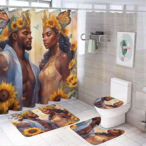 Vista 2 de Juego de alfombras de baño ultrasuaves de 3 piezas antideslizantes, tapetes de baño para parejas afroamericanas, juego de baño con alfombras