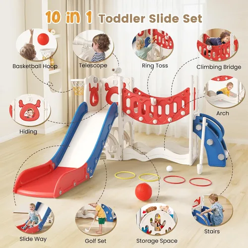 Vista 2 de Tobogán para niños, juego 10 en 1 para niños pequeños, nueva actualización con tobogán para niños, tabla de dibujo, juego de golf, aro de baloncesto