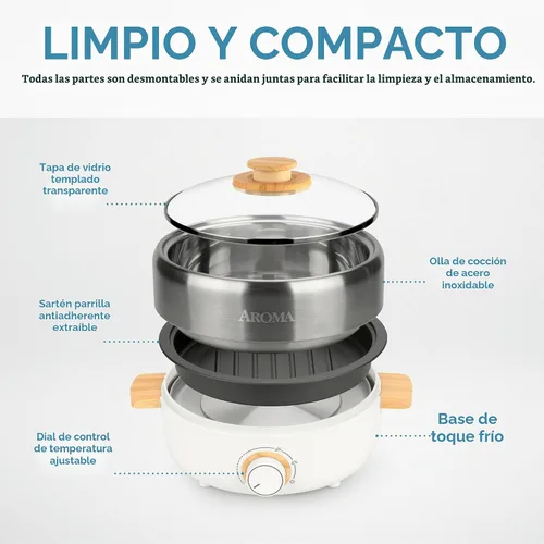 Vista 3 de Aroma Housewares AMC-130 Whatever Pot, parrilla de interior, cocina, olla caliente con tapa de vidrio, asas de bambú, 2.5 L, acero inoxidable/blanco