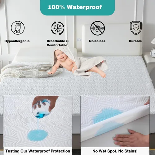 Vista 4 de Protector de colchón impermeable de 5 lados, viscosa de bambú suave, refrescante y transpirable, bolsillo profundo para camas de hasta 18 pulgadas