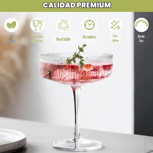 Vista 4 de Montex - Juego de 6 copas de champán de Martini de cristal de 10 onzas, cristalería de cóctel acanalada vintage para bodas, fiestas, inauguración