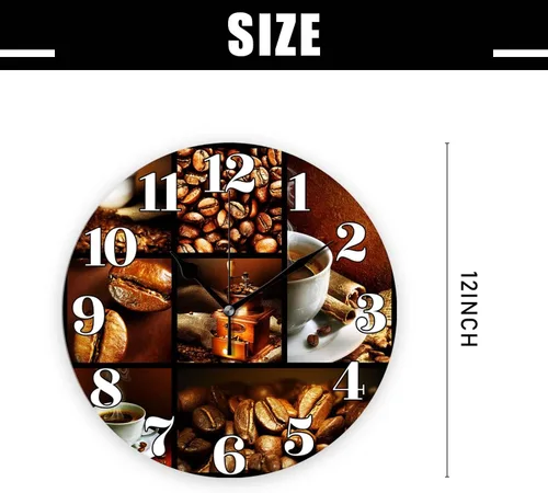 Vista 2 de Relojes de pared a pilas de 12 pulgadas, tema café, decoración silenciosa del hogar para baño, sala de estar, dormitorio Temática de café