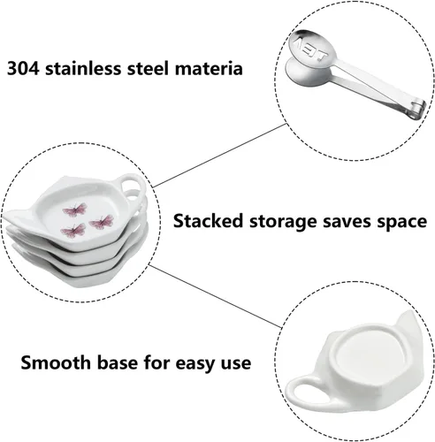 Vista 7 de Juego de 6 posavasos de cerámica blanca para bolsitas de té y exprimidor de bolsas de té de acero inoxidable (estilo 1)