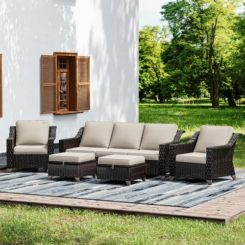 Vista 7 de Joyside Juego de 2 sillas de mimbre para patio, muebles de ratán para exteriores con reposabrazos anchos y cojines gruesos, tamaño grande mejorado