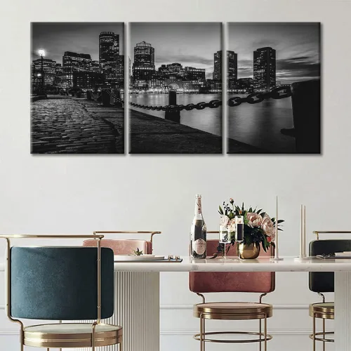 Vista 24 de TUMOVO Cuadros de la ciudad de Nueva York, arte de pared en blanco y negro, 3 paneles, rascacielos del centro de América, impresiones artísticas