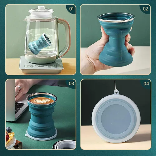 Vista 5 de Taza plegable de silicona portátil con cordón, tazas plegables resistentes al calor de 10.8fl oz con tapa, taza de viaje plegable para beber, taza