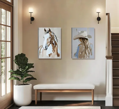 Vista 6 de 2 piezas de arte de pared enmarcado de vaquera occidental con sombrero chica vaquera y caballo, impresión en lienzo, póster, pintura al óleo