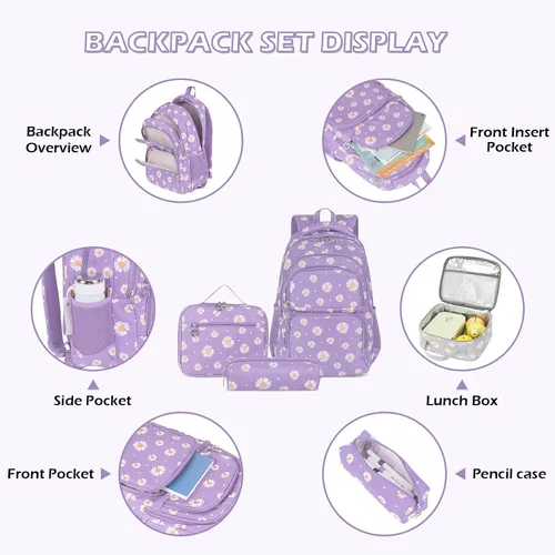 Vista 27 de goldwheat Mochilas impresas margaritas con paquete de almuerzo, estuche de lápices 3pcs, bolsa ligera resistente al agua para la escuela secundaria