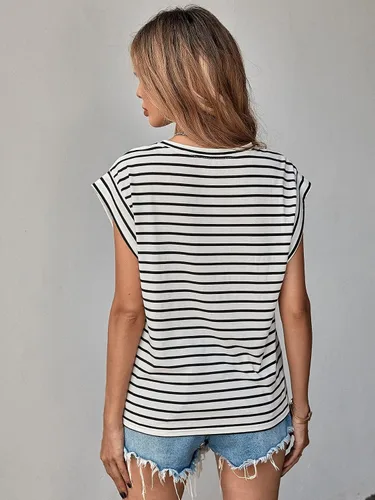 Vista 2 de Floerns Camiseta casual de manga casquillo con estampado de rayas para mujer