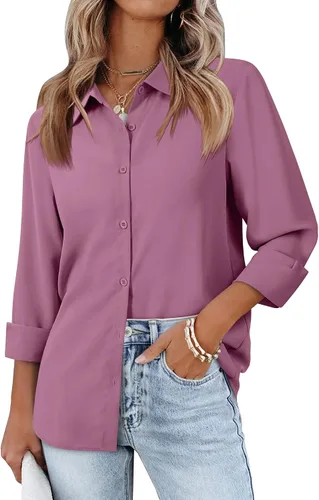 Vista 8 de siliteelon Camisas de manga larga con botones de gasa para mujer: blusas de trabajo con cuello para negocios, oficina, vestidos casuales